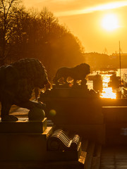 Stone lions at sunset. St. Petersburg Admiralteyskaya Embankment.