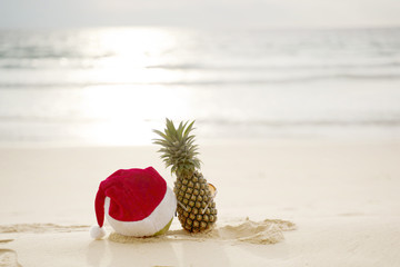 Concept Christmas on the beach with sun shining,prayed for blessings,natural, creative, tropical style background made in Phuket, Thailand.