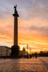 Sunset on the Palace Square in St. Petersburg, a golden sunset overlooking St. Isaac's Cathedral