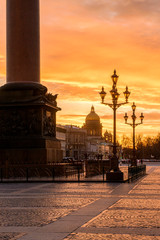 Sunset on the Palace Square in St. Petersburg, a golden sunset overlooking St. Isaac's Cathedral