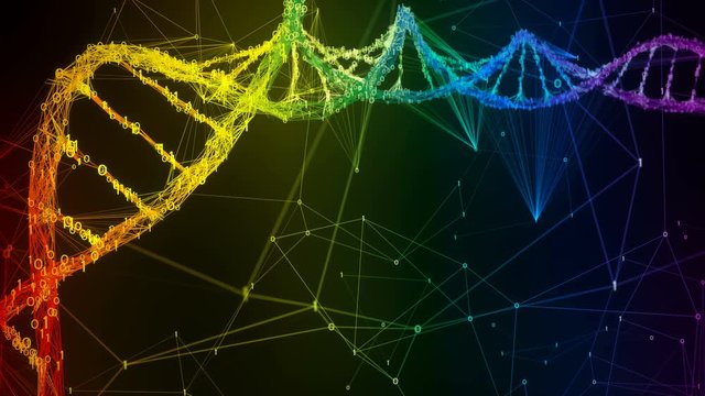 Abstract iridescent rainbow binary digital plexus DNA molecule structure research visuals biology biotechnology chemistry science Medicine motion background medical dashboard colorful Seamless Loop
