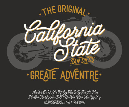 California. Vintage script font. Handmade font. Retro Typeface. Vector font illustration.