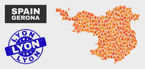 Vector collage of fire Gerona Province map and blue round grunge Lyon seal stamp. Fiery Gerona Province map mosaic of flame elements. Vector collage for emergency services, and Lyon seal stamp.