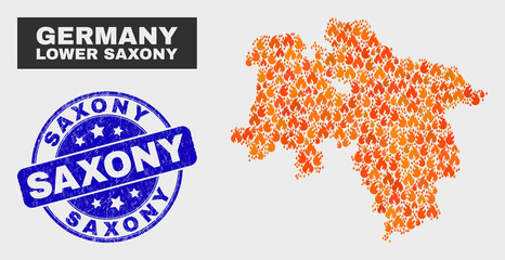 Vector composition of flamed Lower Saxony Land map and blue round textured Saxony stamp. Orange Lower Saxony Land map mosaic of flame icons. Vector composition for emergency services,