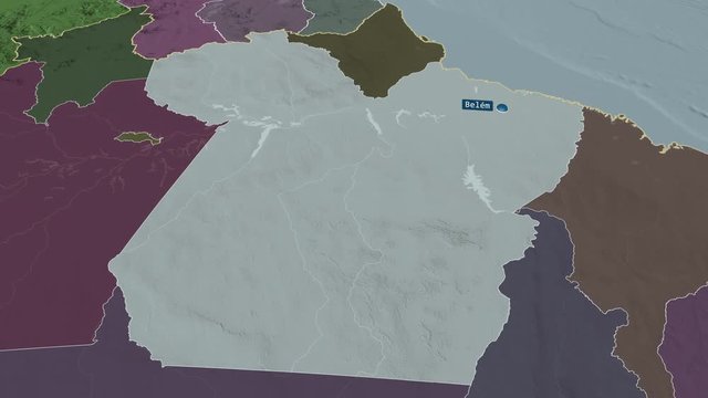 Para - state of Brazil with its capital zoomed on the administrative map of the globe. Animation 3D