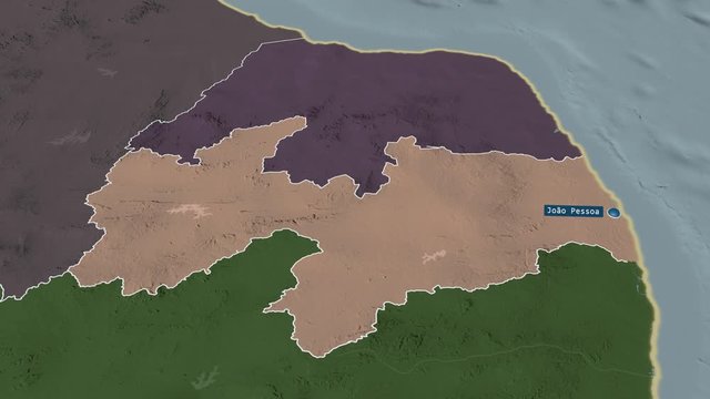 Paraiba - state of Brazil with its capital zoomed on the administrative map of the globe. Animation 3D