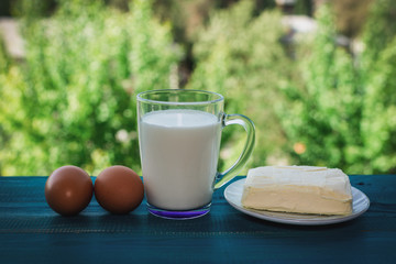 milk, stick of butter and egg on nature background