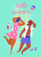 Flat banner with couple young people relax in a meadow . Concept outdoor recreation, summer holiday, weekend and travel