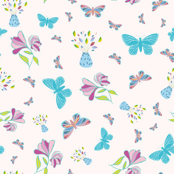 Lively multicolour hand drawn butterflies and flowers design. Seamless multidirectional vector pattern on pastel pink background. Great for wellness, beauty, baby products, stationery, giftwrap