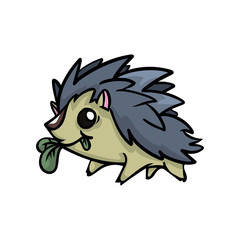 Cute funny forest hedgehog eating a green leaf