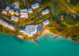 An luxury hotel is on the island in Bermuda from above