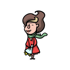 Cute fashion modern woman in red coat with flower bouquet