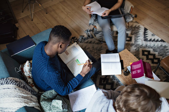 High angle view of studious male friends studying while sitting in living room at home