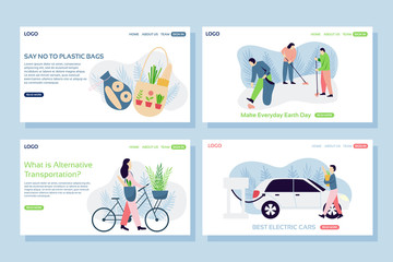 Ecology web page concepts. Web page design templates set of cotton bags, cleaning street, bike and electric car. Modern vector illustration designs for website development