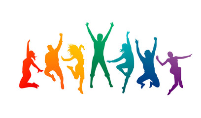 Colorful happy group people jump vector illustration silhouette. Cheerful man and woman isolated. Jumping fun friends background. Expressive dance dancing, jazz, funk, hip-hop