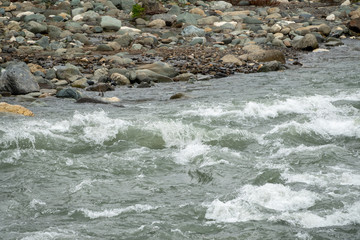 Fast mountain stream with rocky shores.
