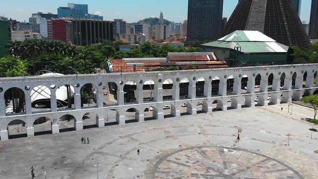 Lapa Arches, Carioca Aqueduct, Rio de Janeiro, Brazil (aerial view, panorama, drone footage)