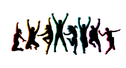 Naklejka na ściany i meble Colorful happy group people jump vector illustration silhouette. Cheerful man and woman isolated. Jumping fun friends background. Expressive dance dancing, jazz, funk, hip-hop