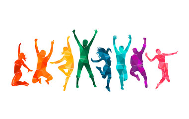 Colorful happy group people jump vector illustration silhouette. Cheerful man and woman isolated. Jumping fun friends background. Expressive dance dancing, jazz, funk, hip-hop