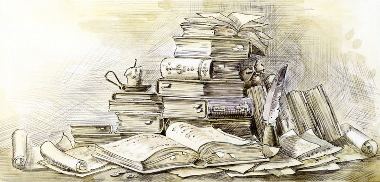 Ancient tomes and scrolls. Open book. Antiquarian book. Ink drawing on paper. Old books. Book volumes and scrolls.