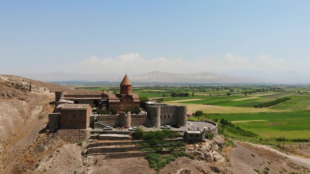 Aerial view of Legendary Monastery Khor Virap from bird eye view