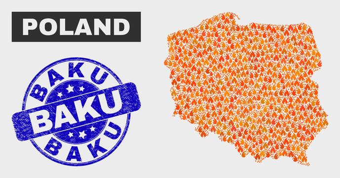 Vector composition of wildfire Poland map and blue round grunge Baku watermark. Orange Poland map mosaic of fire icons. Vector composition for emergency services, and Baku rubber imitation.