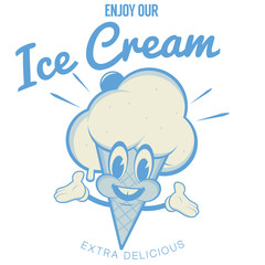 retro cartoon illustration of a happy ice cream cone mascot