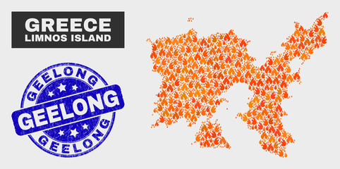 Vector collage of fire Limnos Island map and blue round textured Geelong seal. Fiery Limnos Island map mosaic of wildfire symbols. Vector collage for safety services, and Geelong seal stamp.