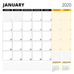Calendar planner for January 2020. Stationery design template. Week starts on Monday. Vector illustration
