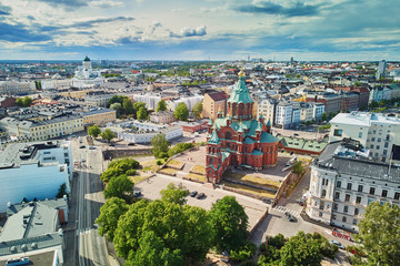 Scenic aerial view of Uspenski Cathedral in Helsinki