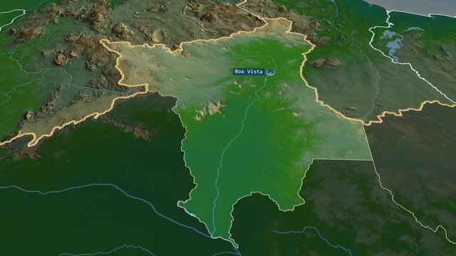 Roraima - state of Brazil with its capital zoomed on the physical map of the globe. Animation 3D