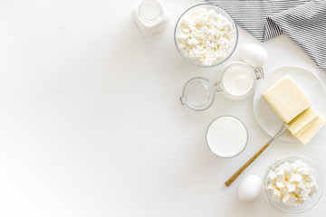 Breakfast on farm with dairy products on white background top view space for text