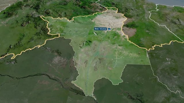 Roraima - state of Brazil with its capital zoomed on the satellite map of the globe. Animation 3D