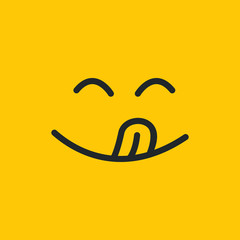 Yummy smile vector cartoon line emoticon with tongue lick mouth. Delicious tasty food eating emoji face on yellow design background