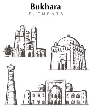 Set of hand-drawn Bukhara buildings, Bukhara elements sketch vector illustration.