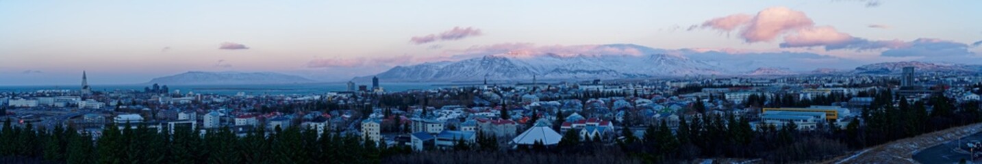 120° high quality wide angle Panorama of East Reykjavik in Iceland from Perlan during sunset
