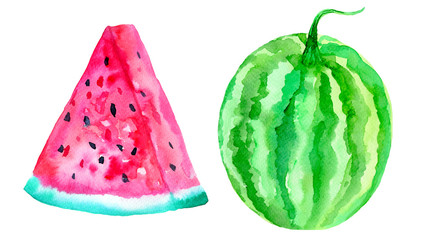 Watercolor watermelon slice isolated on white background. Hand painted illustration. Green watermelon set.
