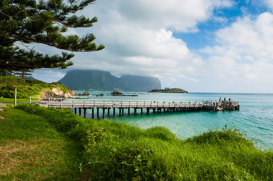Pier with Mount Lidgbird and Mount Gower in the background, Lord Howe Island, New South Wales, Australia