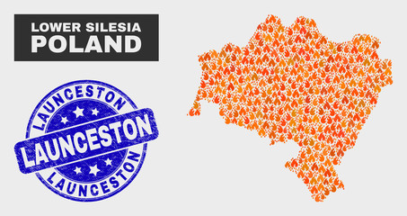 Vector composition of burn Lower Silesia Province map and blue rounded grunge Launceston seal stamp. Orange Lower Silesia Province map mosaic of flame icons. Vector collage for safety services,