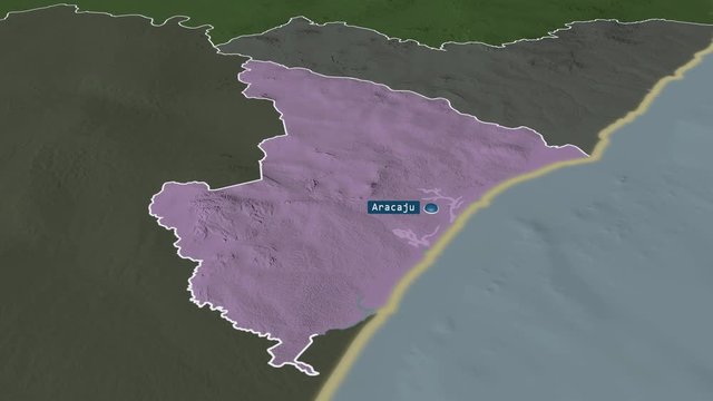 Sergipe - state of Brazil with its capital zoomed on the administrative map of the globe. Animation 3D