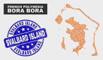Vector composition of flame Bora-Bora map and blue round grunge Svalbard Island watermark. Orange Bora-Bora map mosaic of flame elements. Vector composition for guard services, - obrazy, fototapety, plakaty