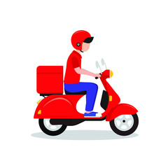 Delivery man riding a red scooter illustration. Food delivery man vector