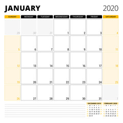 Calendar planner for January 2020. Stationery design template. Week starts on Sunday. Vector illustration