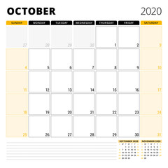 Calendar planner for October 2020. Stationery design template. Week starts on Sunday. Vector illustration