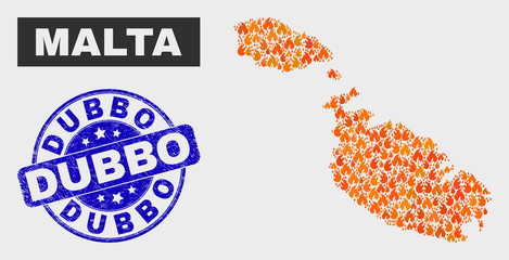 Vector collage of flame Malta map and blue rounded scratched Dubbo seal stamp. Fiery Malta map mosaic of flame symbols. Vector collage for safety services, and Dubbo seal.