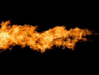 Fire element isolated on black, rocket engine flame jet