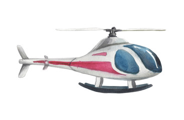 Watercolor stylized helicopter on a white background for compositions on the theme of leisure, travel, holidays, flights to other cities and countries.