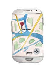 Watercolor mobile phone with navigation enabled with a map for the tourist element on a white background for compositions on the theme of leisure, travel, vacation