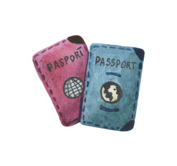 Watercolor foreign passports, to identify the identity of the tourist elements on a white background for compositions on the theme of leisure, travel, vacation