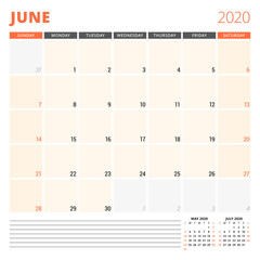 Calendar planner for June 2020. Stationery design template. Week starts on Sunday. Vector illustration